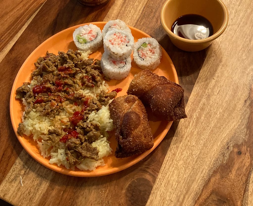homemade-rice-sesame-beef-egg-rolls-sushi-dinner